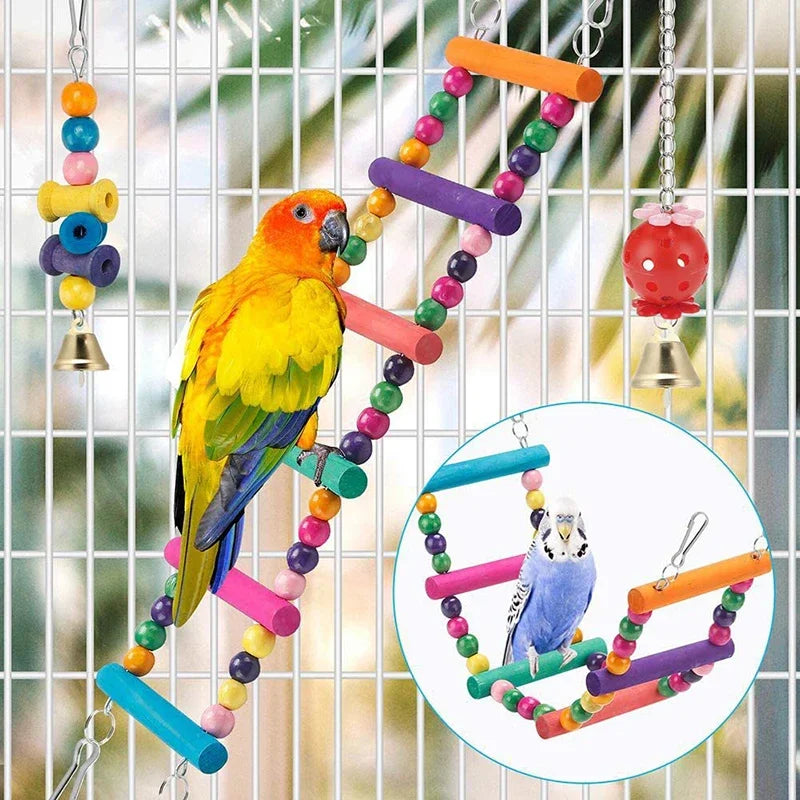 Parrot Toy Set 11 pcs – wooden swing, beads, bridge, chew