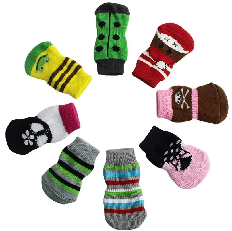 4 Pcs Fashion Puppy Dog Shoes Soft Pet Knitted Socks Cute Cartoon Anti-Slip Skid Socks For Small Dogs Breathable Pet Products