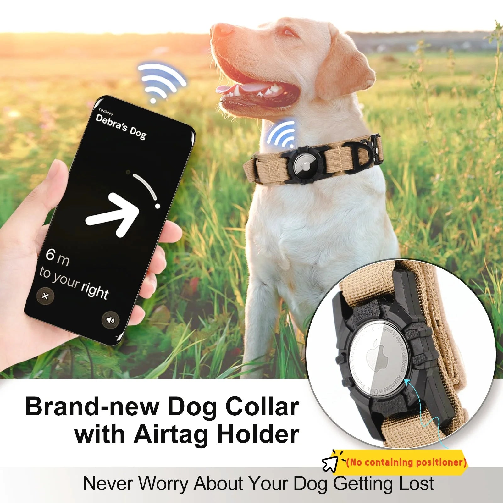 Adjustable with AirTag Holder Tactical Dog Collar, Comfortable Padded and Handle Metal Buckle GPS Collar for Medium Large Dogs