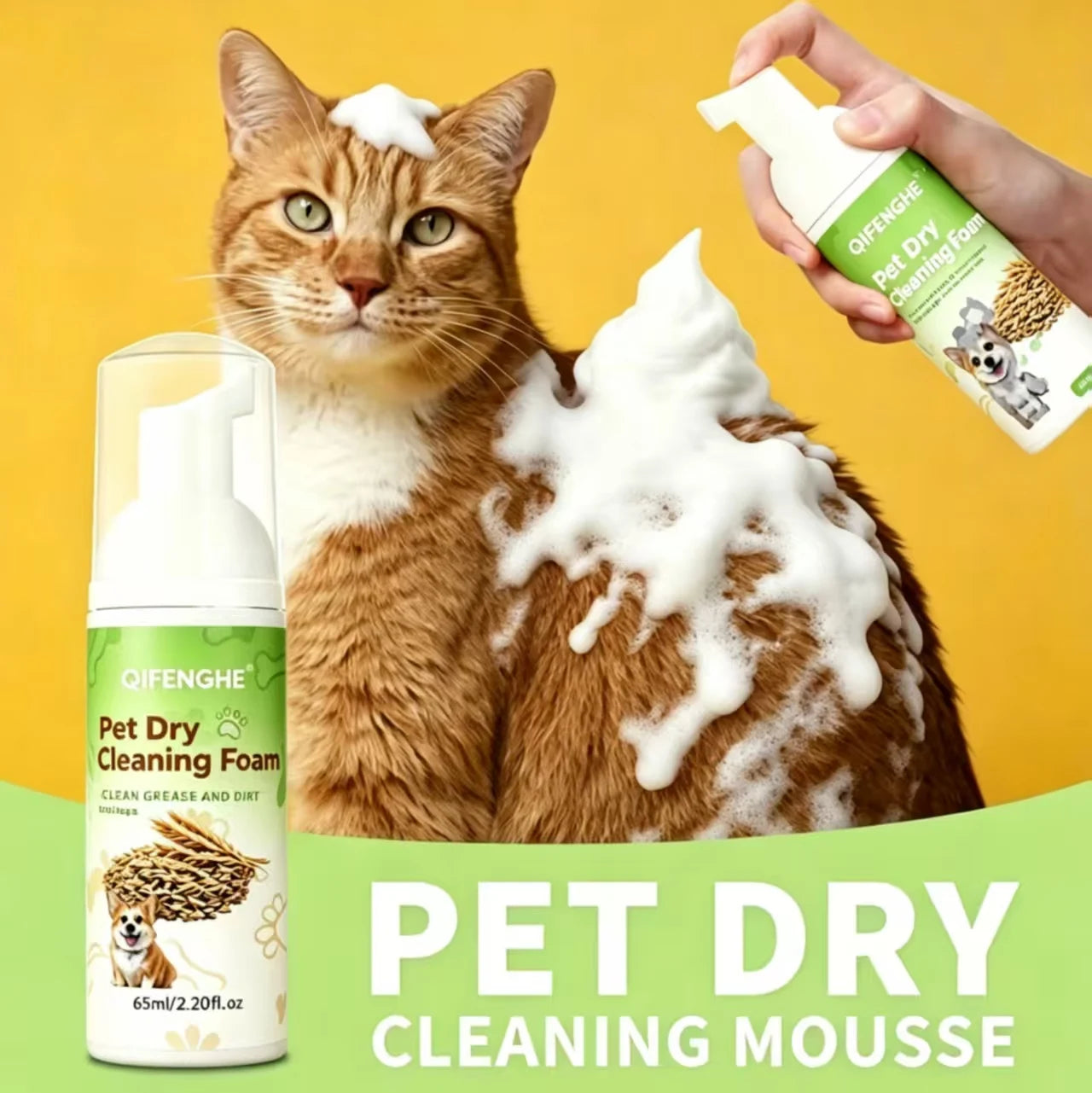 Pet Dry Cleaning Foam 60mL (2.028 fl.oz), No-Rinse Plant-Based Gentle Waterless Pet Shampoo for Cats & Dogs, Deep Cleansing Moisturizing