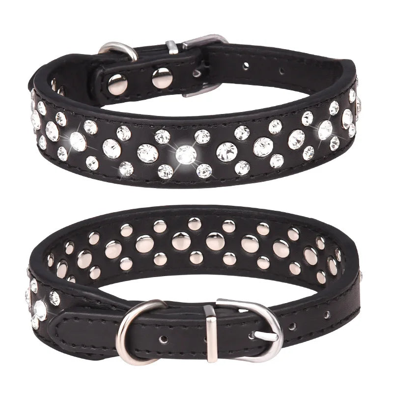 Zircon collar for dogs and cats - PU leather, adjustable, elegant