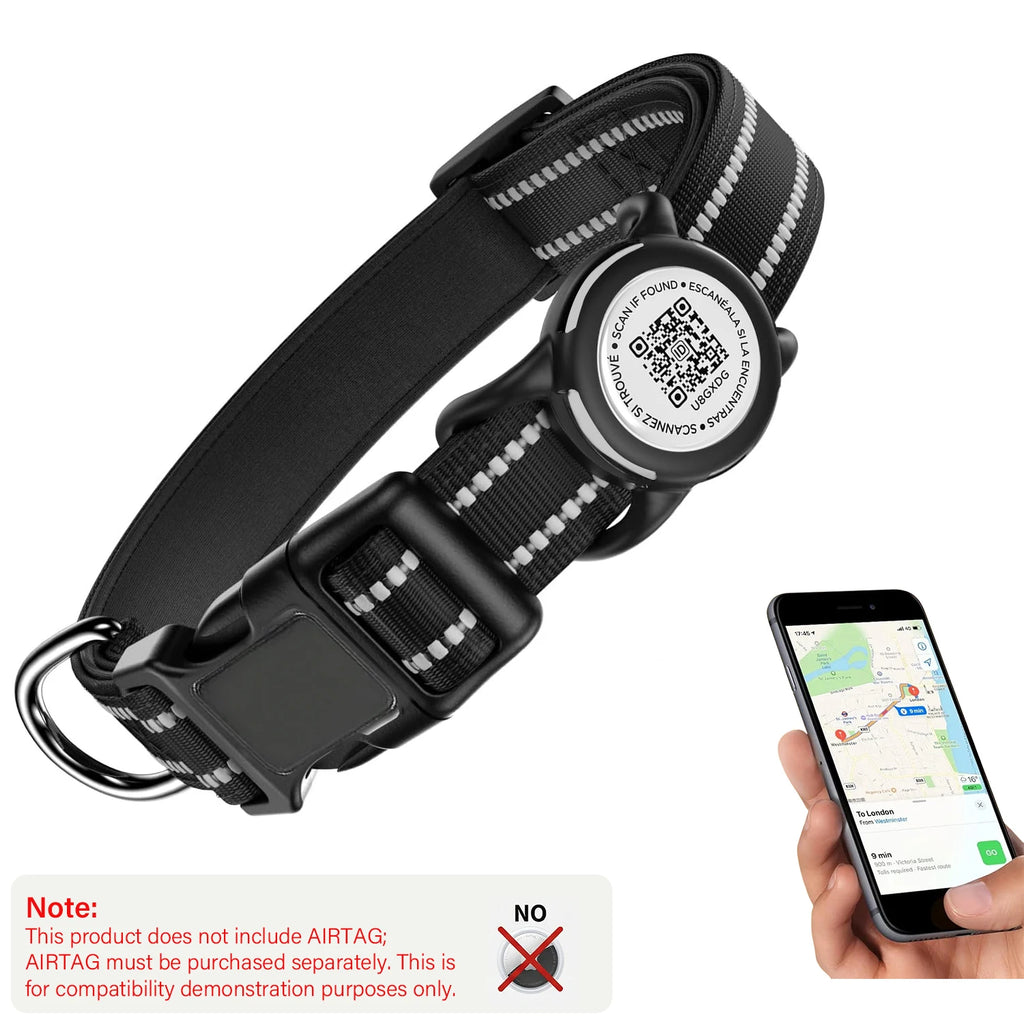 Waterproof Air Tag Dog Collar with AirTag Holder & QR Code, Reflective Soft Padded & Safety Buckle, AirTag Pet Collar for Dogs