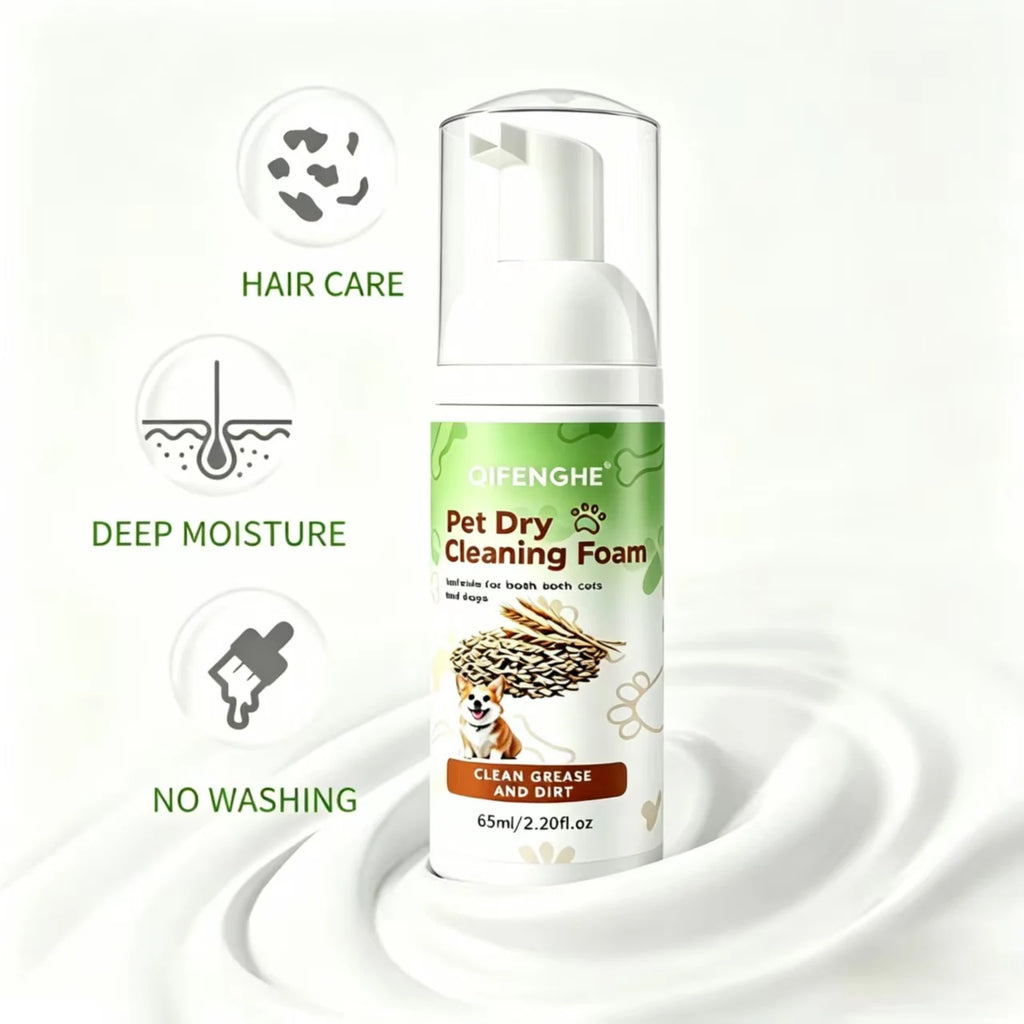 Pet Dry Cleaning Foam 60mL (2.028 fl.oz), No-Rinse Plant-Based Gentle Waterless Pet Shampoo for Cats & Dogs, Deep Cleansing Moisturizing