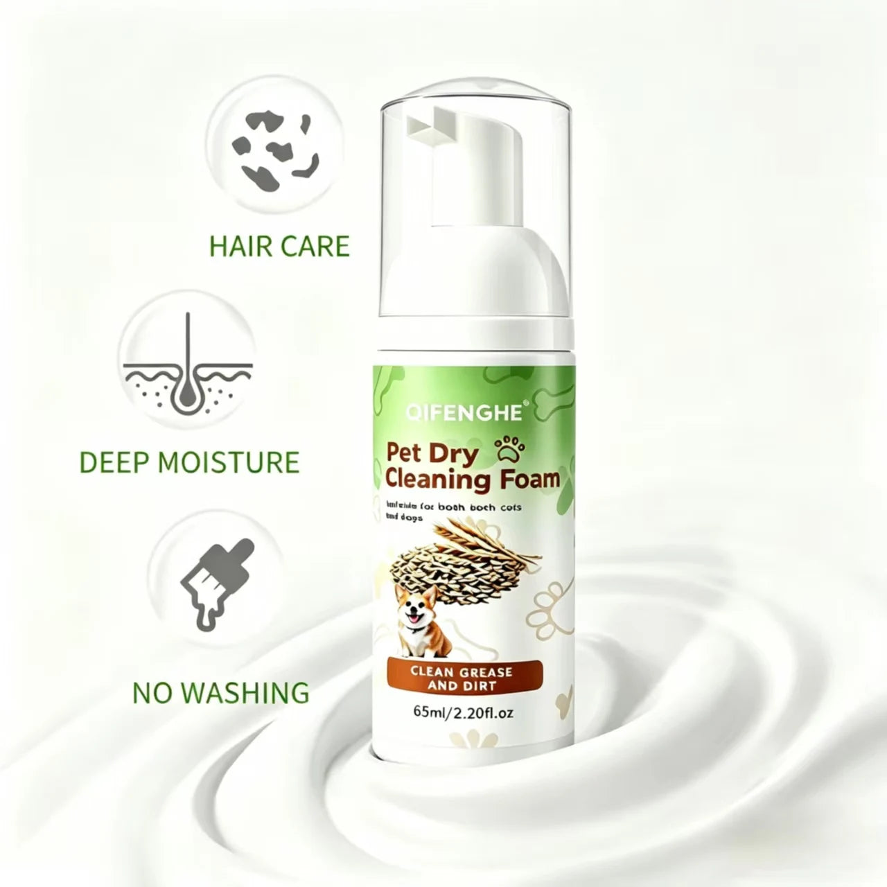 Pet Dry Cleaning Foam 60mL (2.028 fl.oz), No-Rinse Plant-Based Gentle Waterless Pet Shampoo for Cats & Dogs, Deep Cleansing Moisturizing