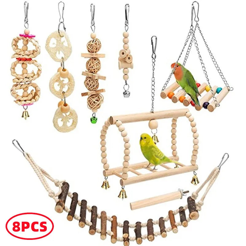Combined set of parrot toys – swing, bell, ball, stand 15 pieces