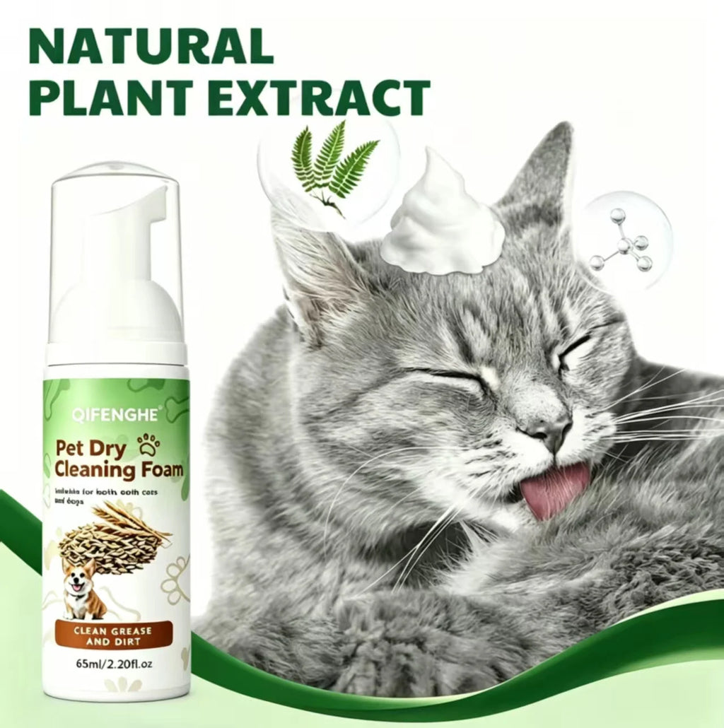 Pet Dry Cleaning Foam 60mL (2.028 fl.oz), No-Rinse Plant-Based Gentle Waterless Pet Shampoo for Cats & Dogs, Deep Cleansing Moisturizing