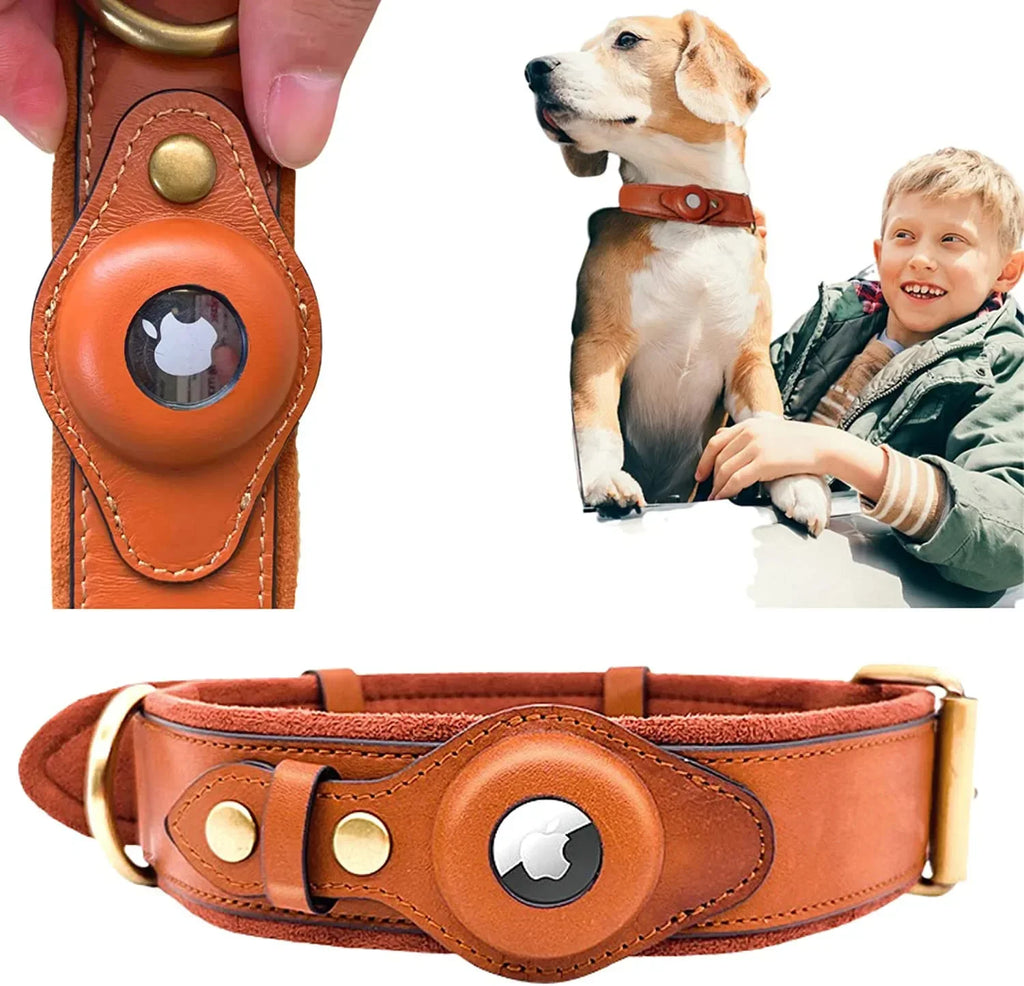 AirTag Holder Case Pet Dog Collar Leather Solid and Anti-Loss Genuine Leather AirTag Heavy Duty Dog Collar