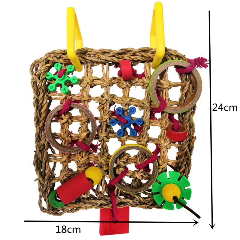 Parrot Toy – climbing net, swing, and chew toy made of wood and seagrass