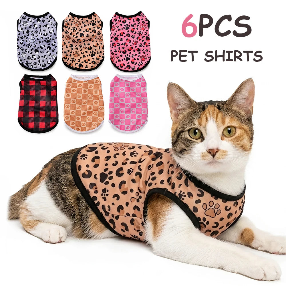6Pcs Pet Cat Shirts for Kitten Small Dogs Lightweight Breathable Summer Leopard Print Sphynx Cats Apparel Soft Everyday Wear Set