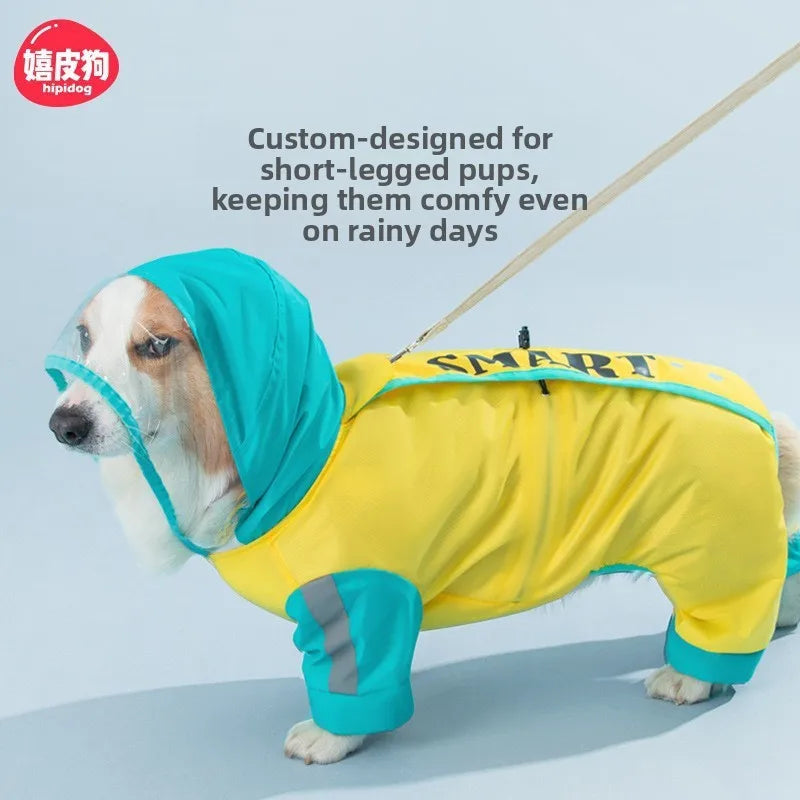 2026 New Full Coverage Waterproof Colorblock Four-Legged Dog Raincoat for Corgi, Dachshund, Small and Medium Dogs Outdoor Wear