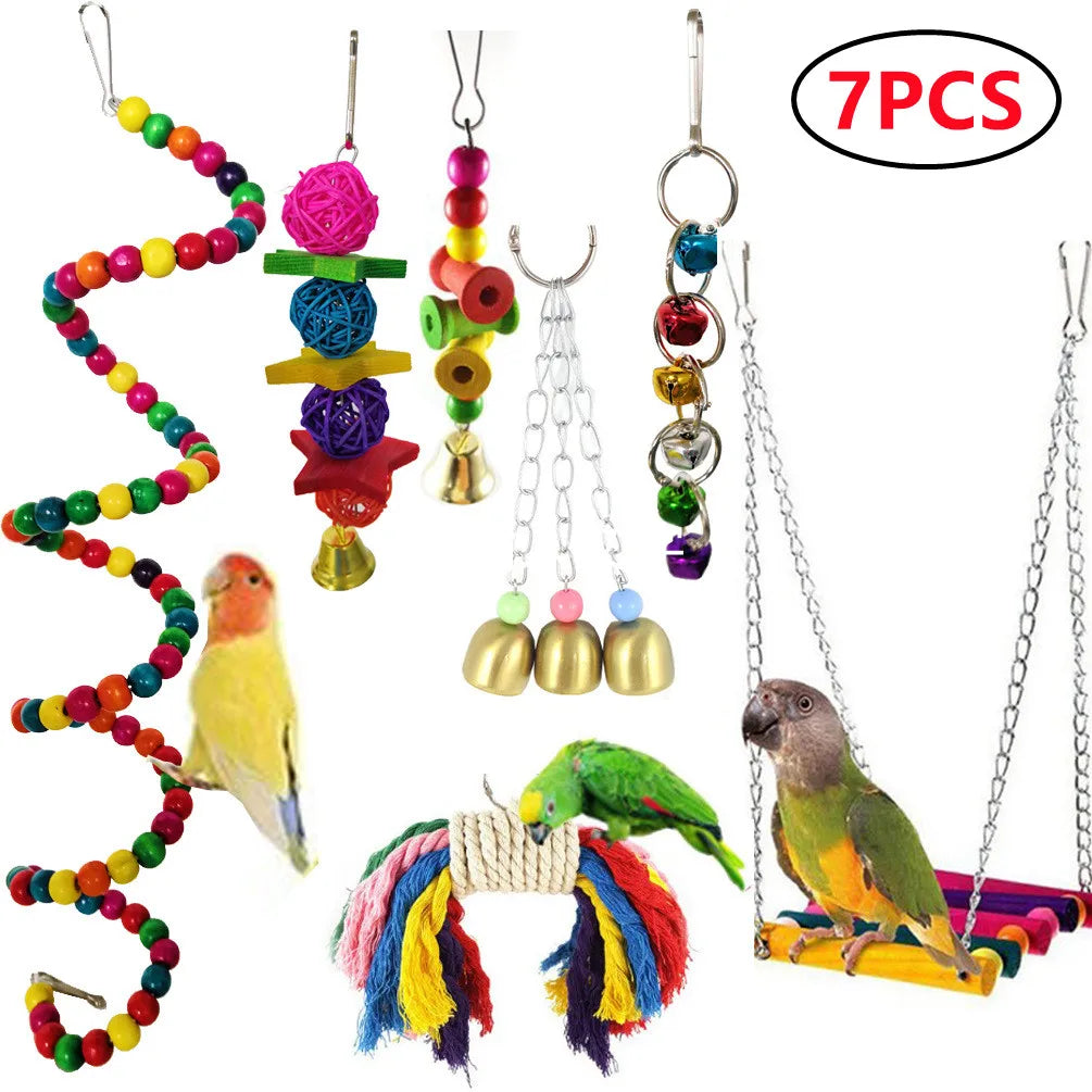 Combined set of parrot toys – swing, bell, ball, stand 15 pieces