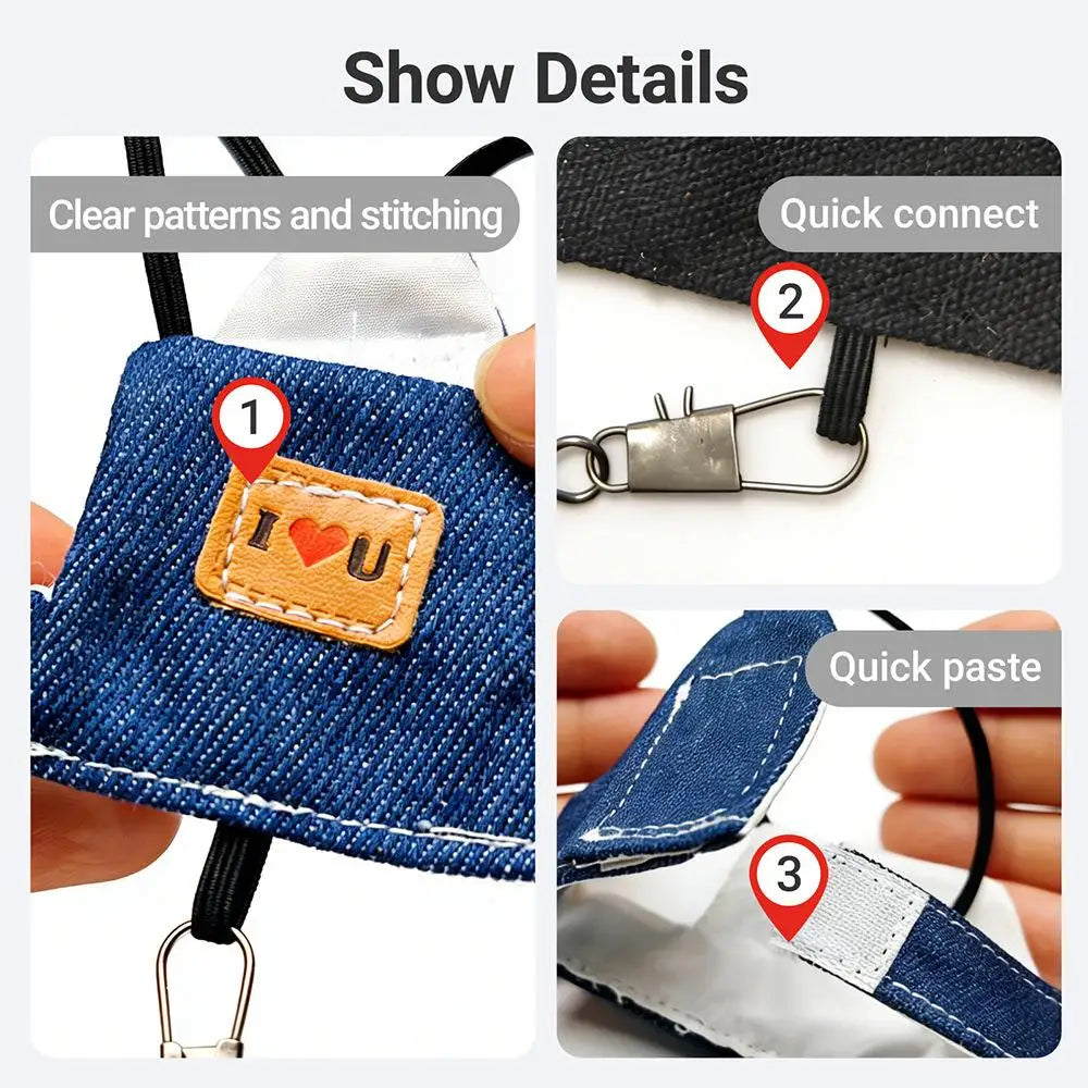 Parrot harness with leash – denim design, anti-bite, adjustable, S/M/L