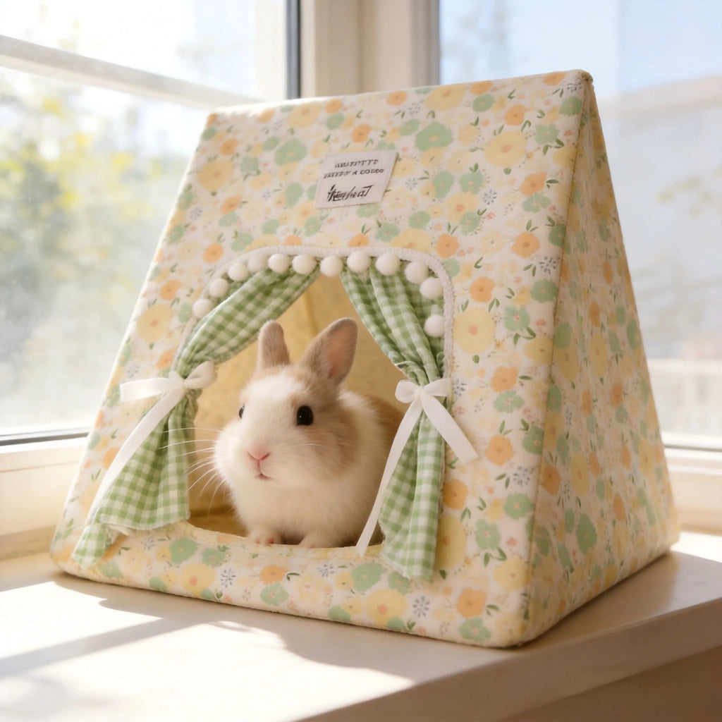 Floral Print Tent Bed with Curtains – for Rabbits, Guinea Pigs and Hamsters, S/M/L