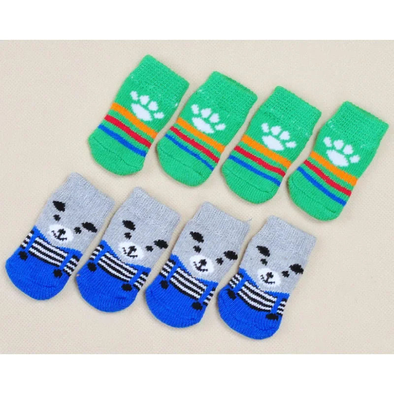 4 Pcs Fashion Puppy Dog Shoes Soft Pet Knitted Socks Cute Cartoon Anti-Slip Skid Socks For Small Dogs Breathable Pet Products