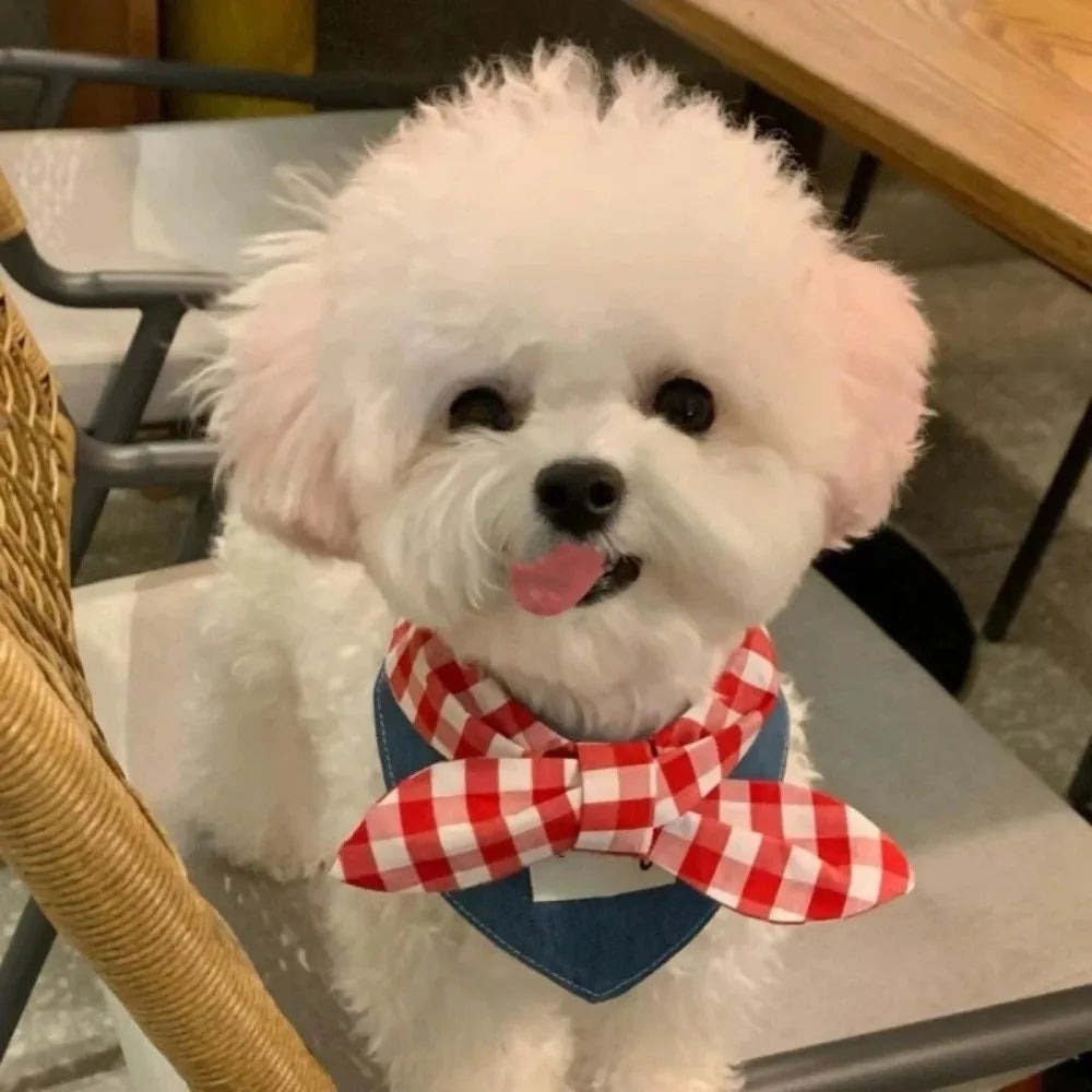 NEW Soft Dog Bandanas Breathable Adorable Pet Bandana with Red Plaid Bow Tie Dog Bibs for Small and Medium Puppies and Cats