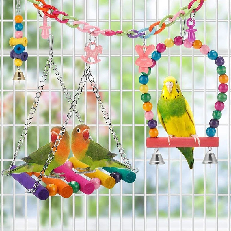 Parrot Toy Set 11 pcs – wooden swing, beads, bridge, chew