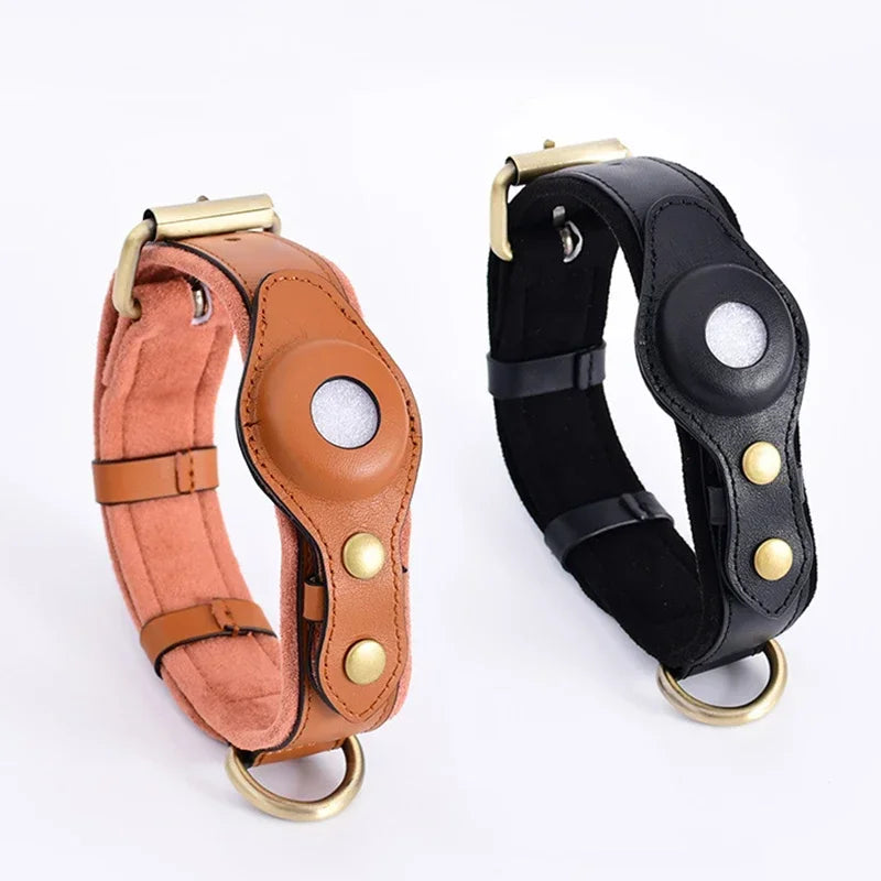 AirTag Holder Case Pet Dog Collar Leather Solid and Anti-Loss Genuine Leather AirTag Heavy Duty Dog Collar