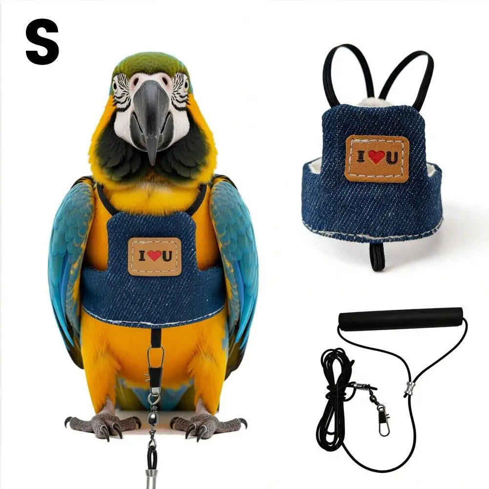 Parrot harness with leash – denim design, anti-bite, adjustable, S/M/L