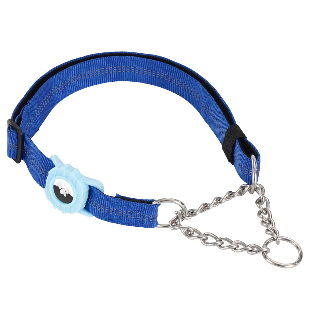 Dog Collar with AirTag Holder, Reflective Nylon Soft Padded No-Pull Training Collar Adjustable Stainless Steel Chain Collar
