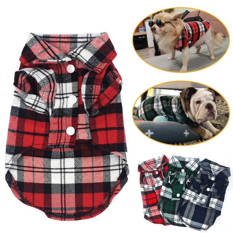 Small Dog and Cat Plaid Shirt Jacket, British Style Lapel Button-up Pet Clothes, Cute Stylish Outfit for Tiny Breeds and Kittens